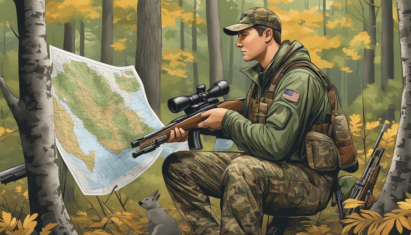 A hunter in camouflage with a rifle, surrounded by forest and wildlife, checking a map of West Virginia hunting firearm regulations