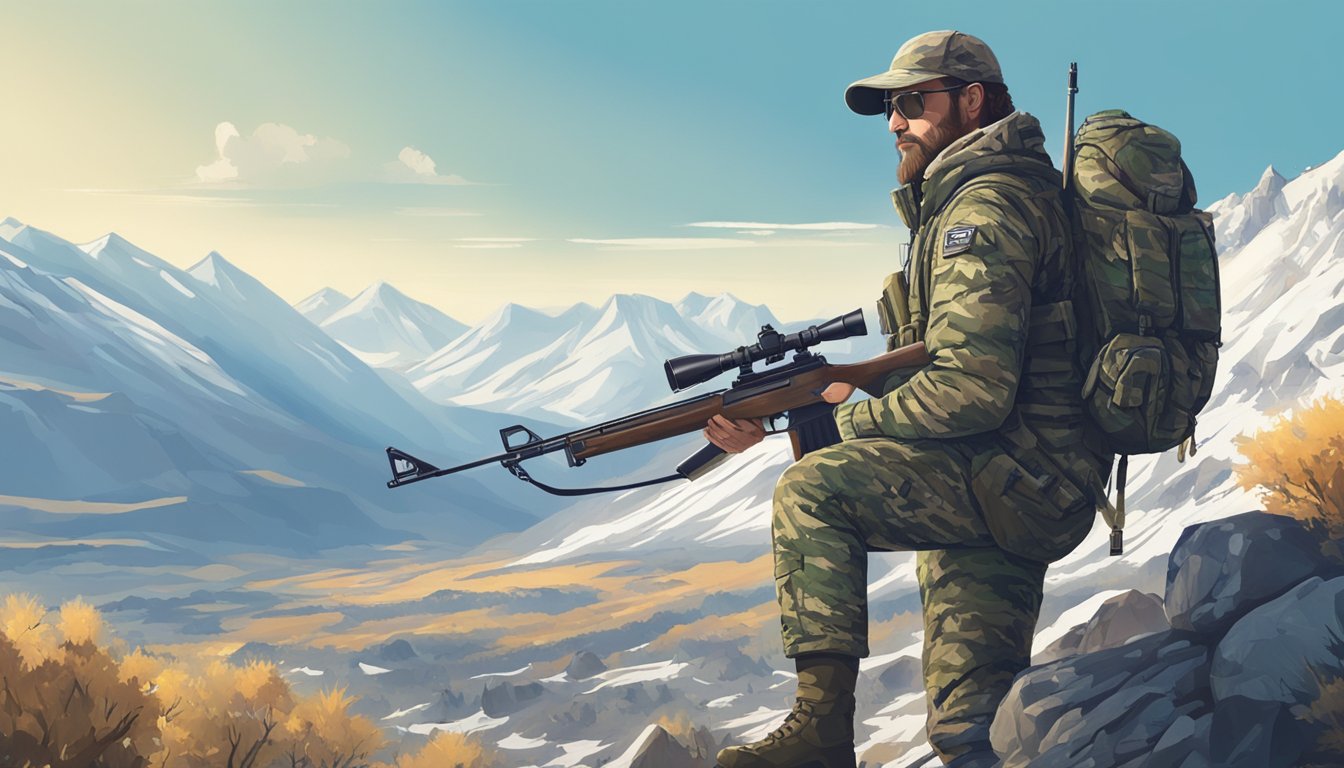 A hunter in camouflage gear holding a rifle, standing in a vast, mountainous landscape with a clear blue sky