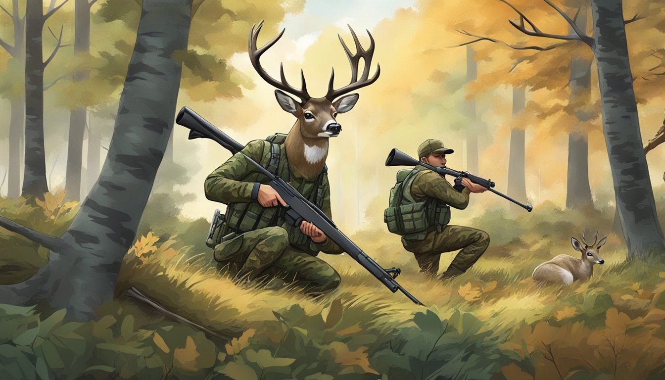 A hunter in camouflage aims a rifle at a deer in a forest clearing, while other deer graze nearby