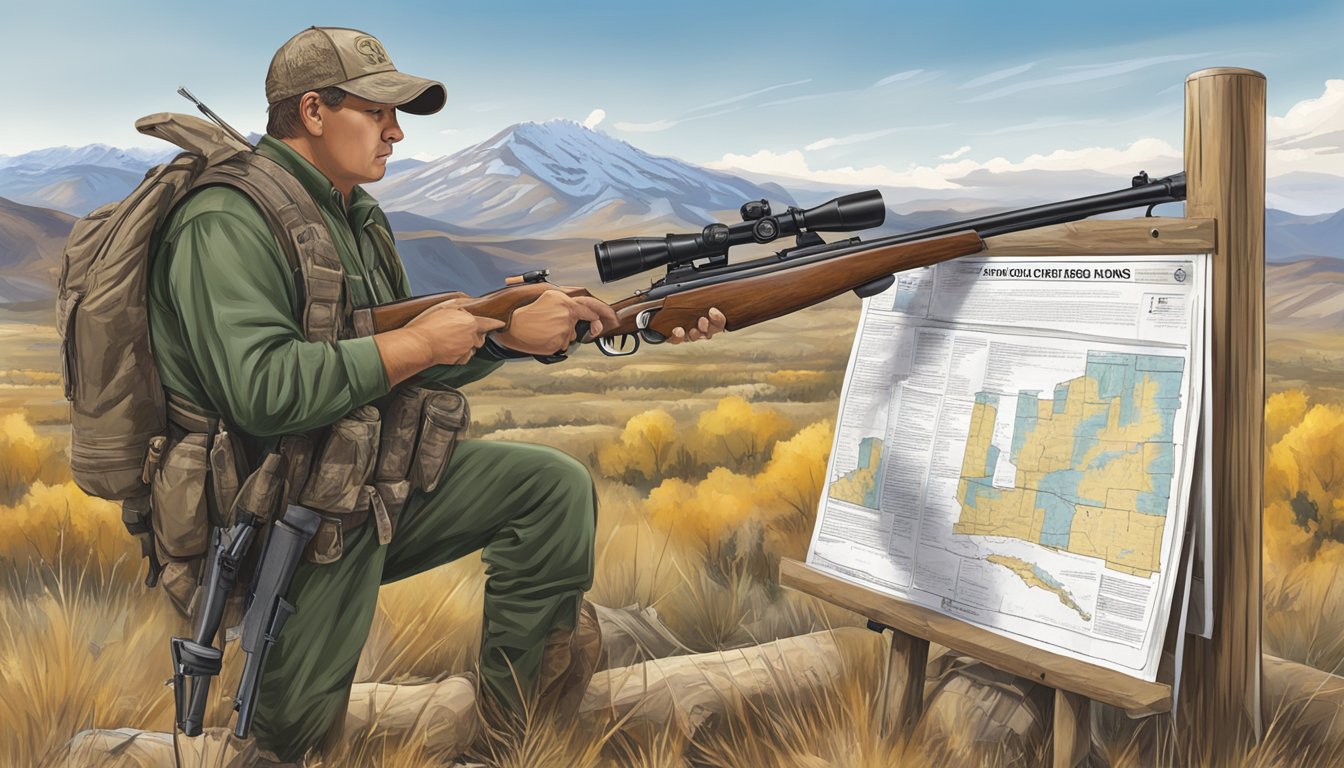 A hunter checking firearm regulations on a sign in a Utah hunting area