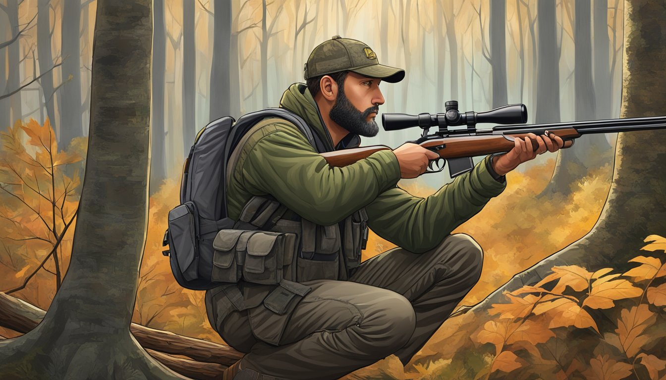 A hunter in Virginia carefully inspects their firearm, ensuring it complies with specialized hunting equipment regulations. The weapon is set against a backdrop of dense forest and wildlife