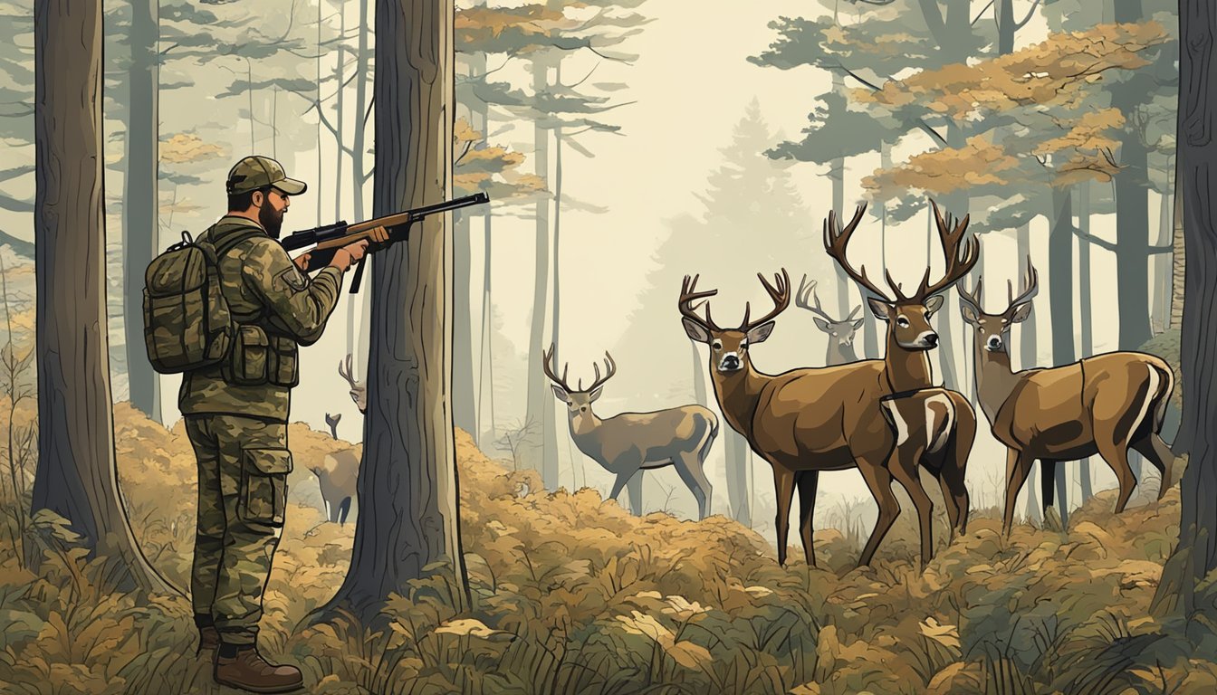 A hunter in camouflage stands in a forest, holding a rifle and observing a herd of deer. A sign nearby displays West Virginia hunting firearm regulations