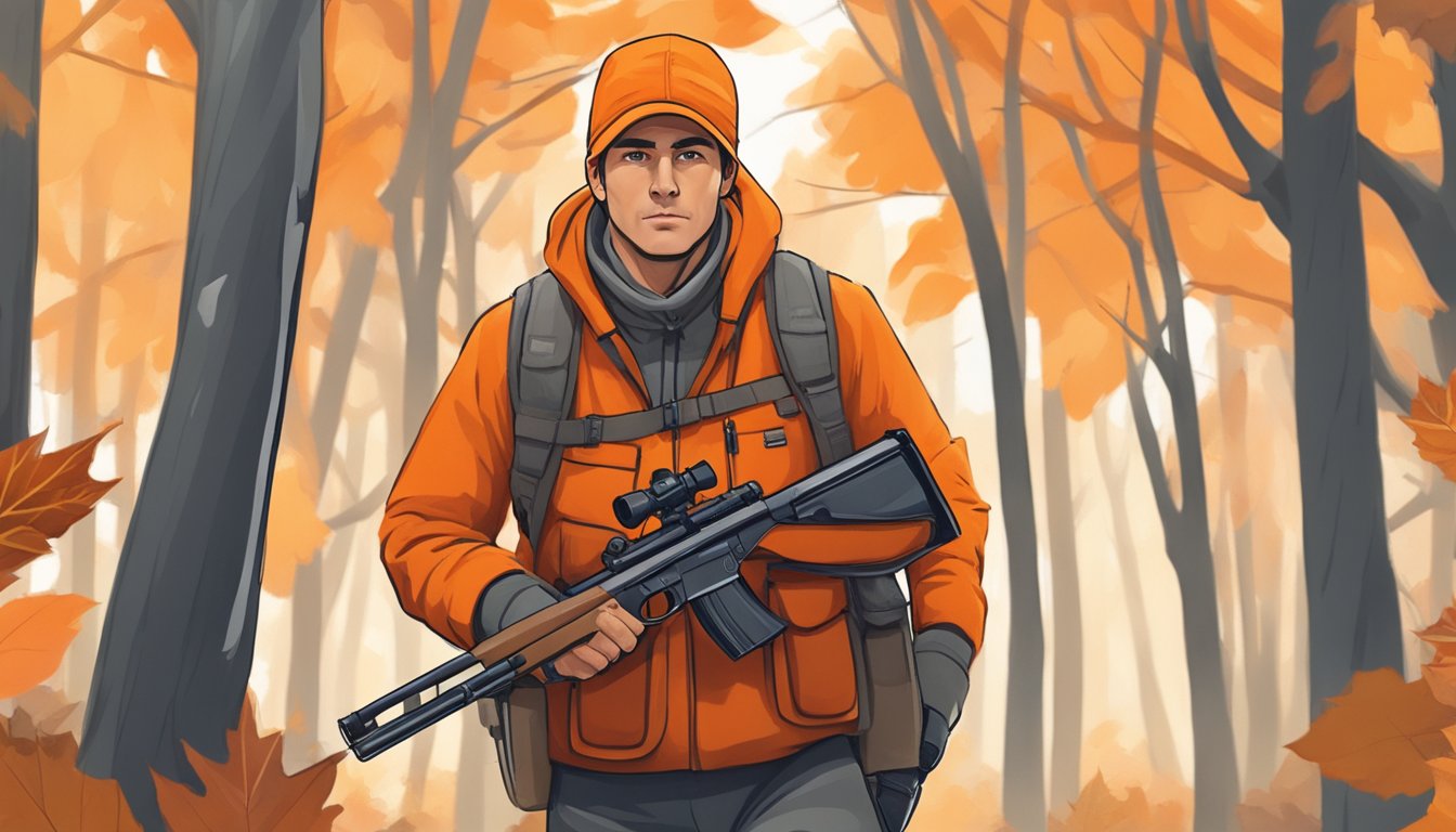 A hunter in a forest during the fall, holding a rifle and wearing orange clothing