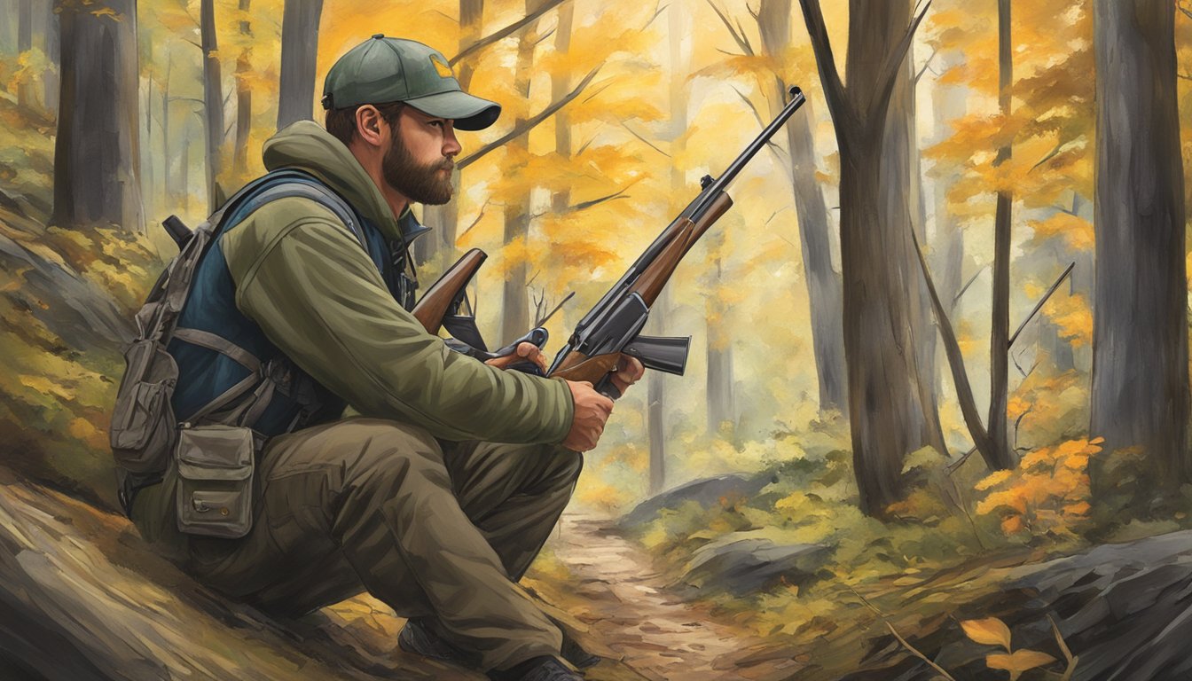 A hunter in West Virginia follows firearm regulations while hunting in the woods