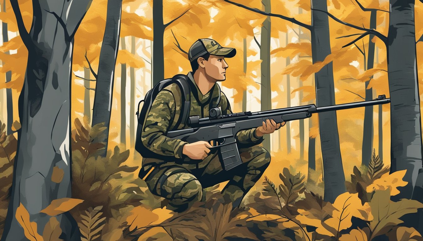 A hunter in camouflage adhering to West Virginia's firearm regulations while harvesting game in the forest