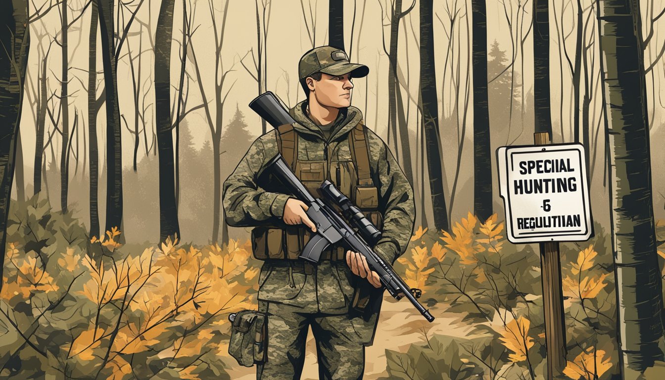 A hunter in camouflage holding a rifle, standing in a wooded area with signs indicating special hunting regulations in West Virginia