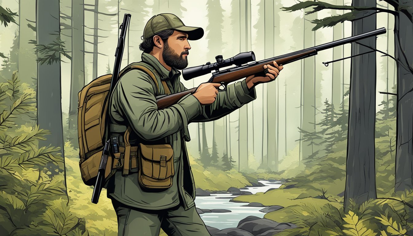 A hunter with a rifle in a forest, following Washington state hunting regulations