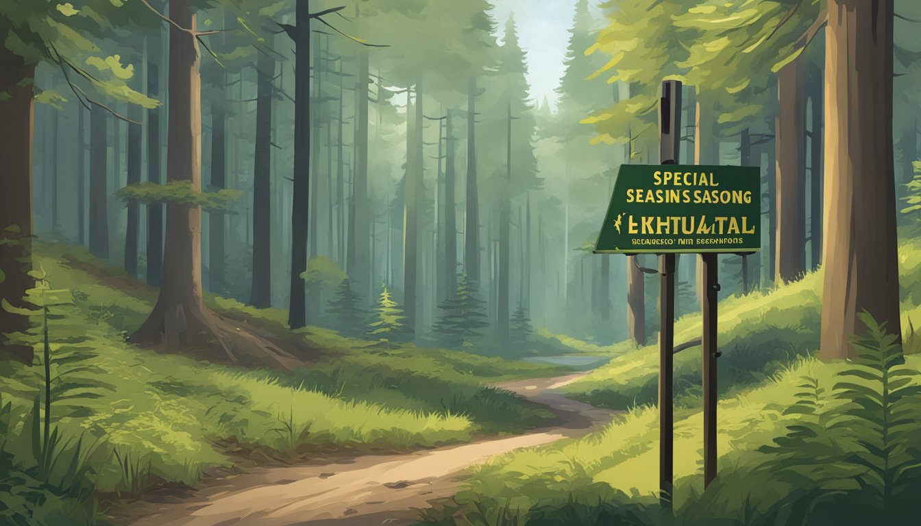 A forested area with a sign indicating "Special Hunting Seasons - Washington Hunting Firearm Regulations" posted at the entrance