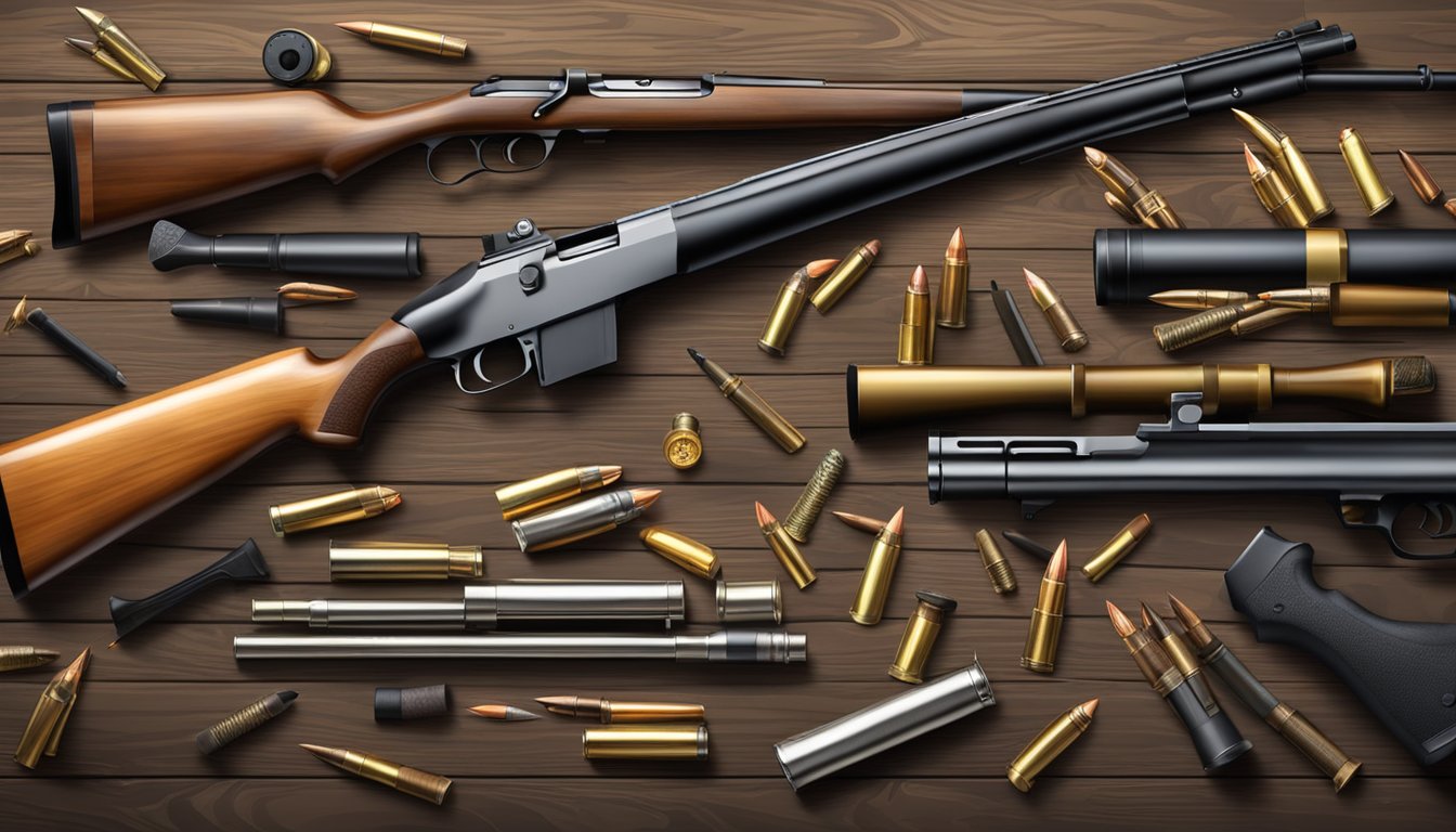 A hunting rifle and shotgun surrounded by various types of ammunition and bullet casings on a wooden table