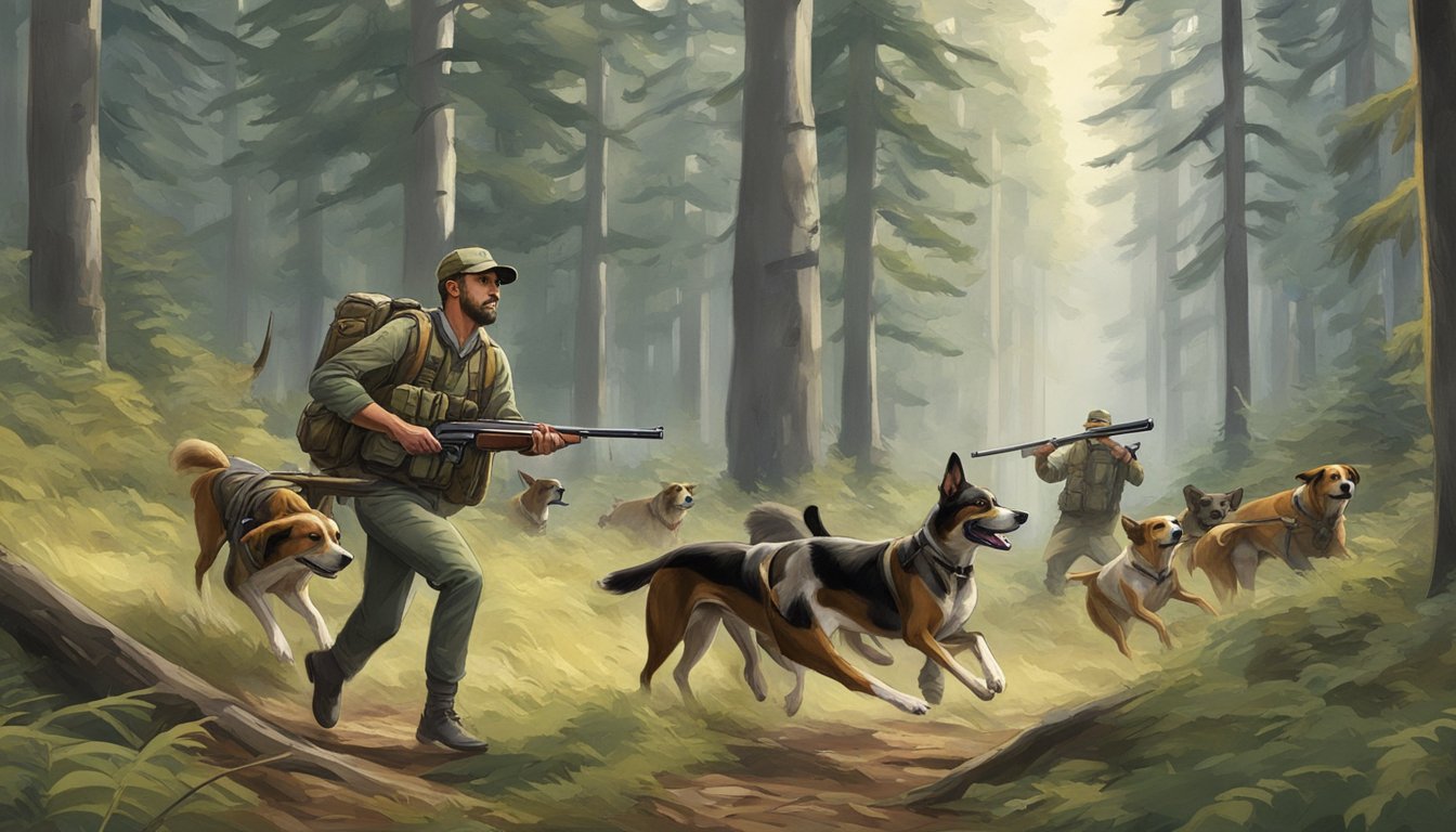 A group of hunting dogs running through a forest in Washington, with a hunter carrying a firearm in the background