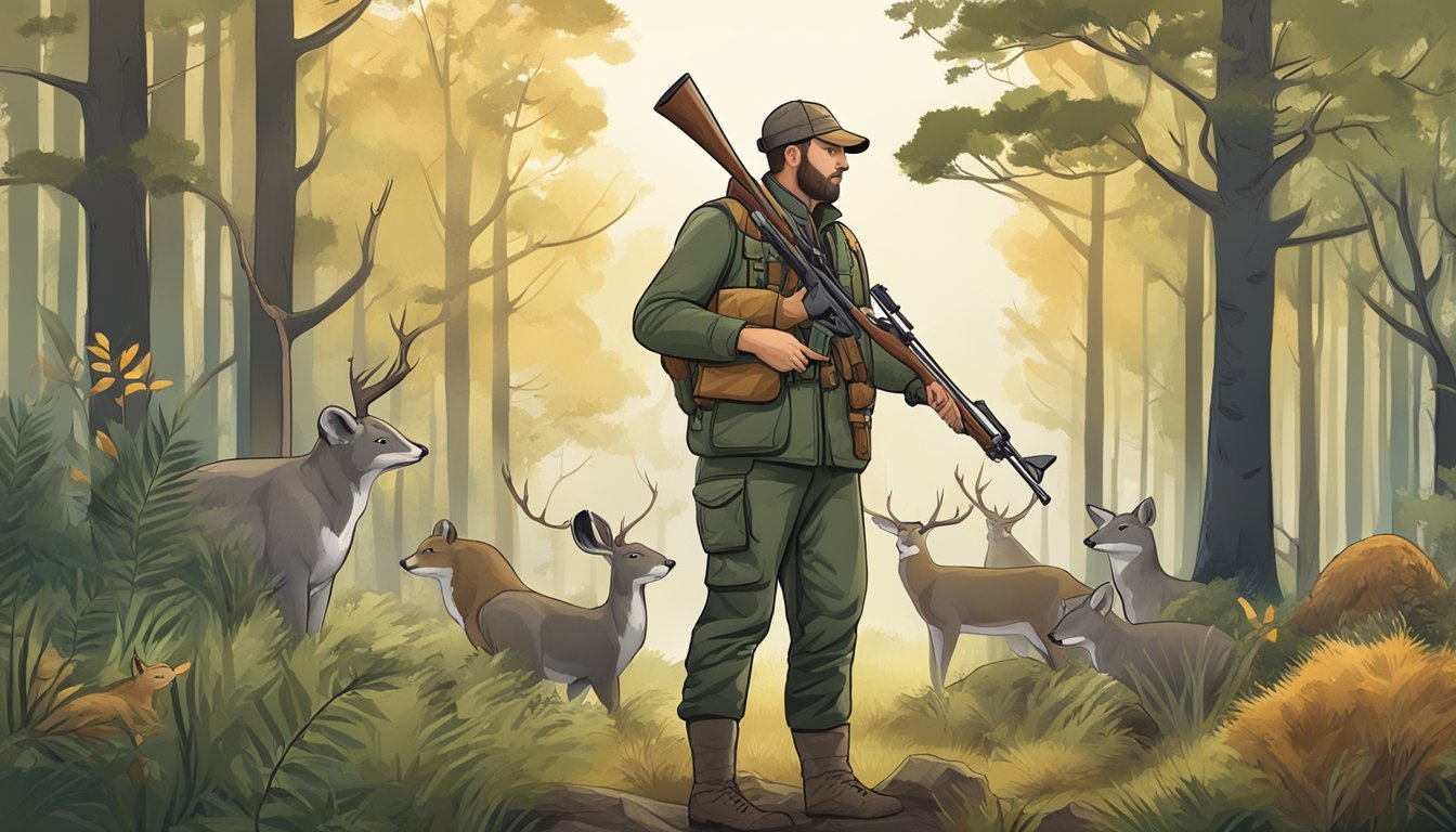 A hunter holding a rifle while standing in a forest clearing, surrounded by wildlife and signs indicating conservation and hunting regulations