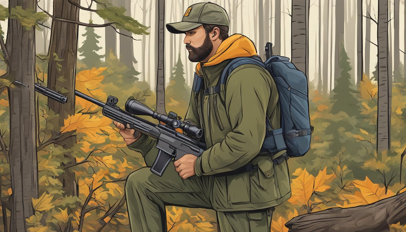 A hunter in Wisconsin follows specific firearm regulations during hunting season in a forested area