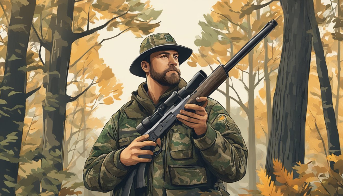 A hunter in camouflage clothing holding a firearm, surrounded by trees and wildlife in a Wisconsin forest during hunting season