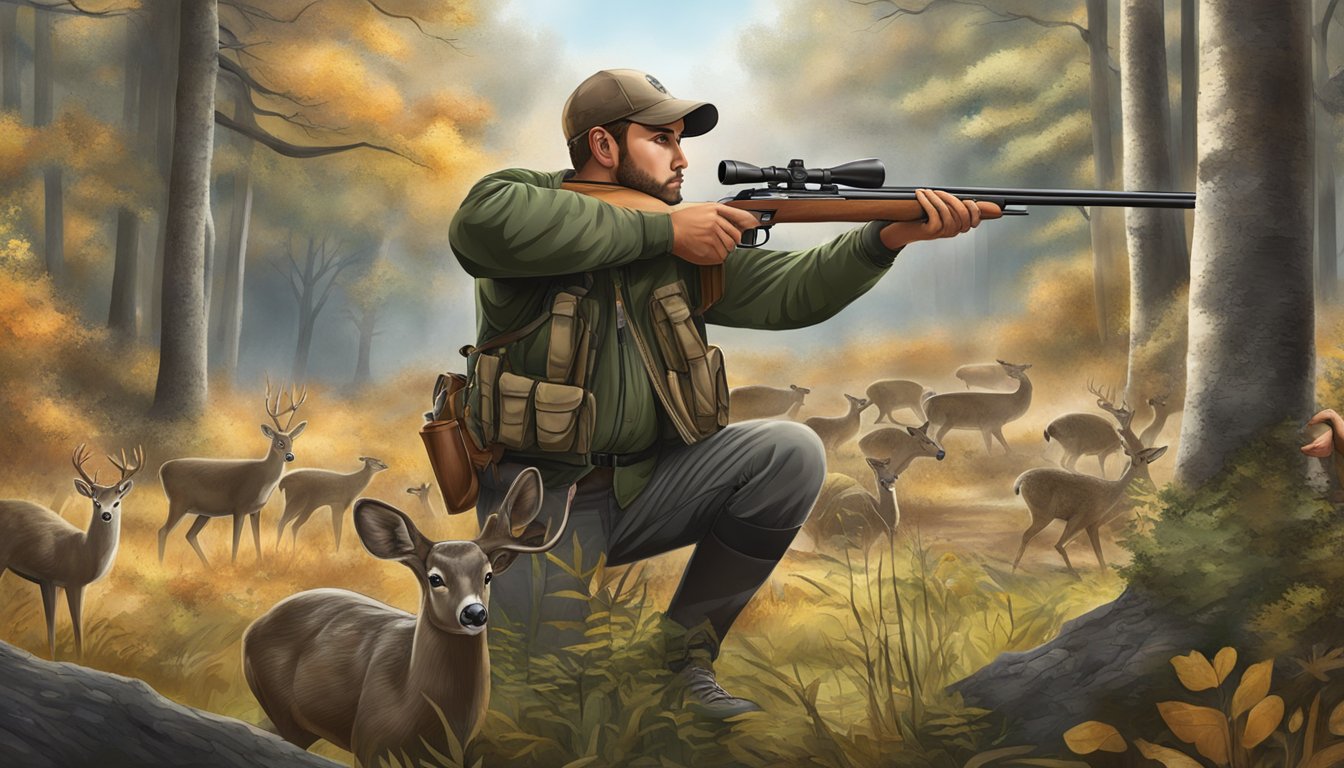 A hunter in a woodland setting, aiming a firearm at various game species such as deer, turkey, and waterfowl