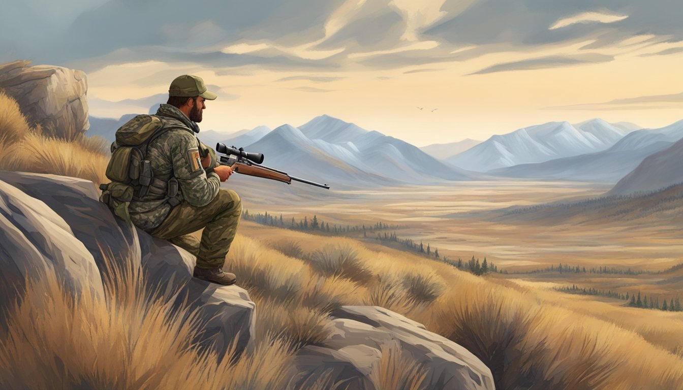 A hunter in Wyoming, dressed in camouflage, holds a rifle while scanning the horizon for game. The rugged landscape features rolling hills and sparse vegetation