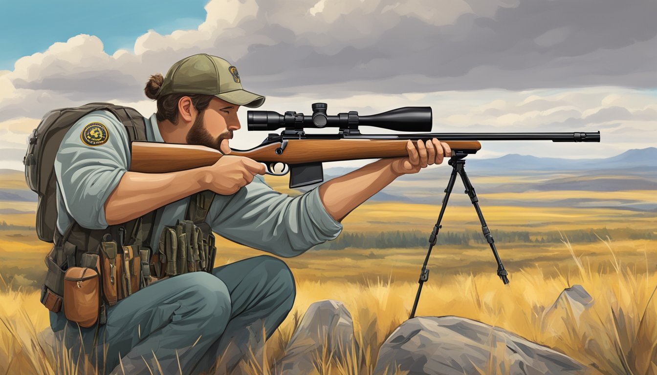 A hunter in Wyoming aims a rifle at a target, following state firearm regulations for legal hunting