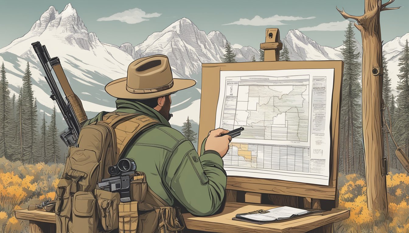 A hunter in Wyoming checks the hunting seasons and tags regulations for firearms