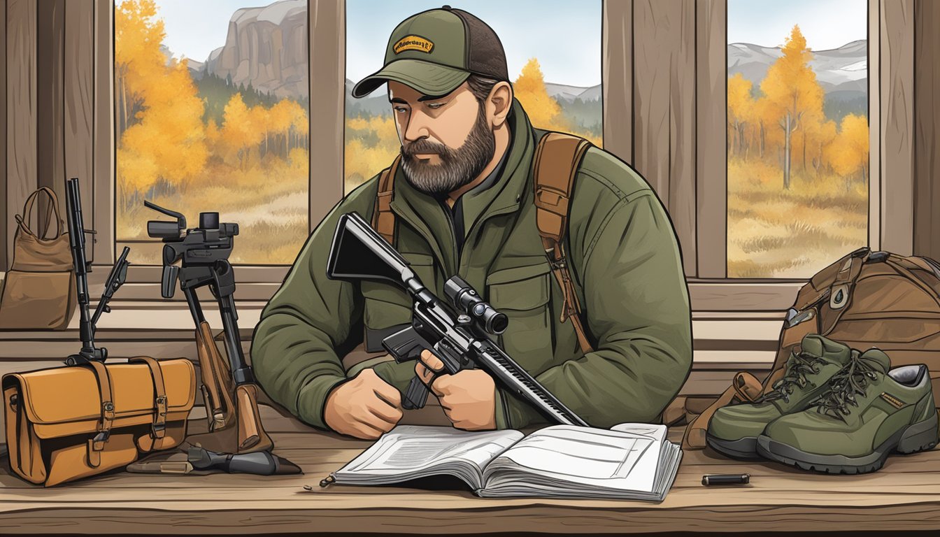 A hunter in Wyoming reads a safety manual while a firearm and hunting gear lay on a table