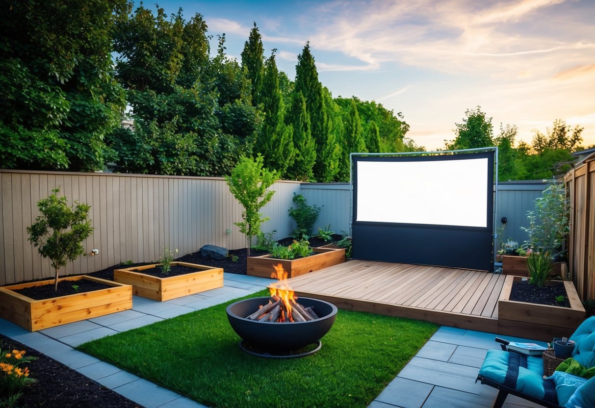 A backyard with a variety of DIY projects such as a homemade fire pit, raised garden beds, a wooden deck, and a DIY outdoor movie screen