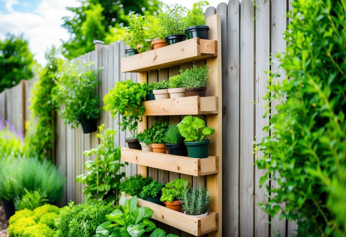 A wooden vertical herb garden mounted on a fence, filled with various potted herbs and surrounded by lush greenery