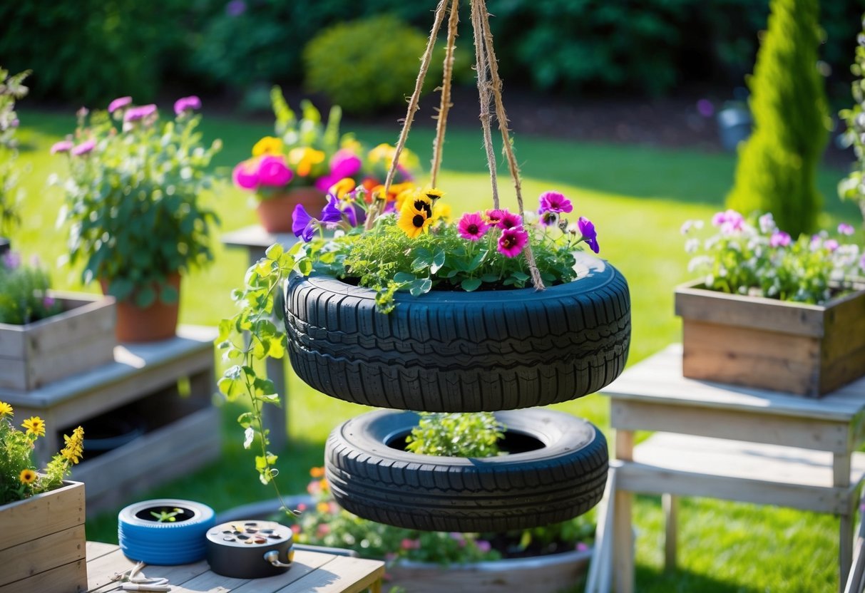 A backyard scene with a hanging tire planter filled with vibrant flowers and surrounded by other DIY garden projects