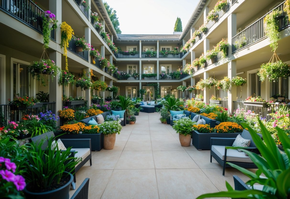 A lush garden with 16 balconies filled with colorful flowers, hanging plants, and cozy seating areas