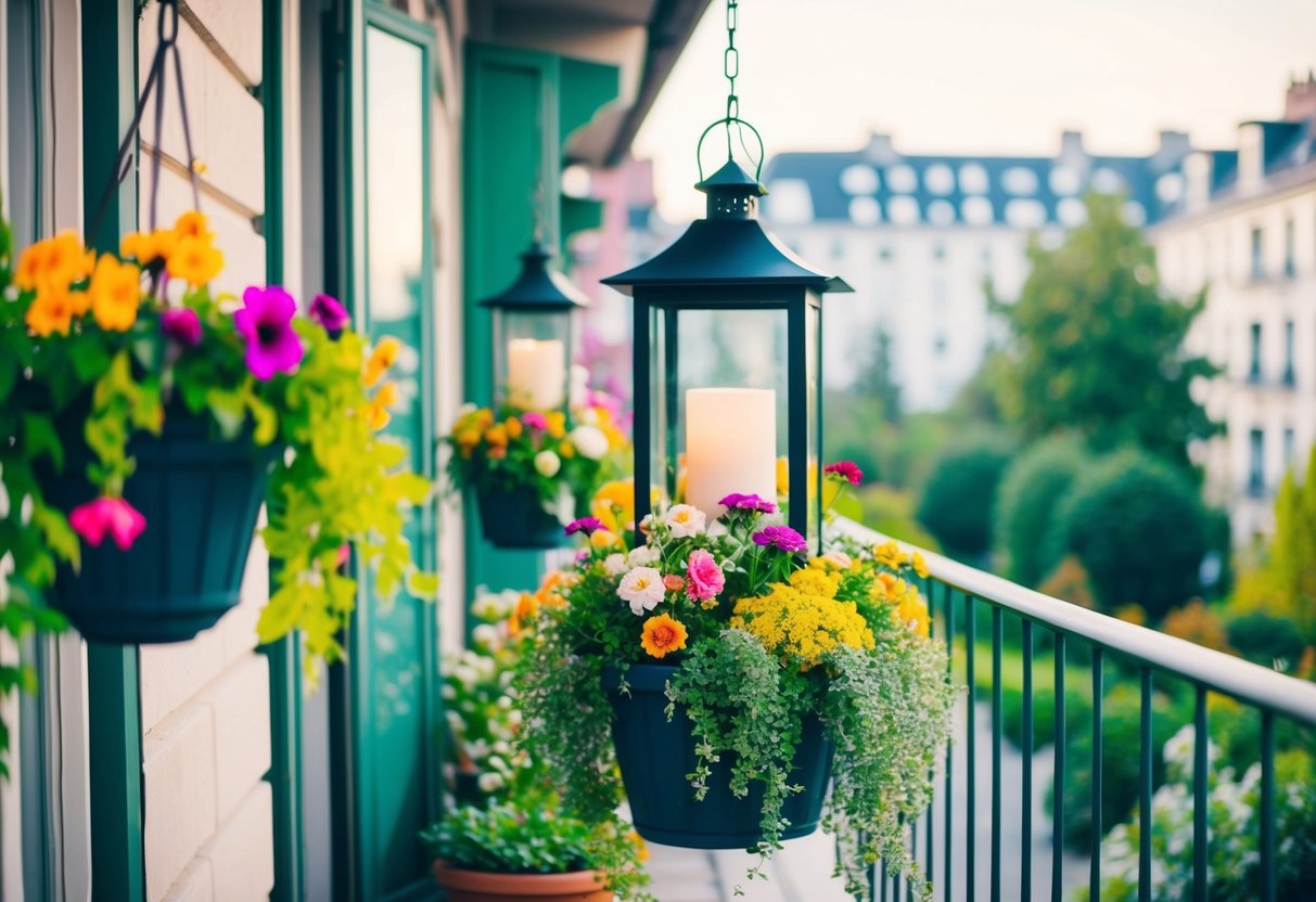 A balcony with hanging lantern planters, filled with colorful flowers and greenery, creating a vibrant and cozy garden atmosphere