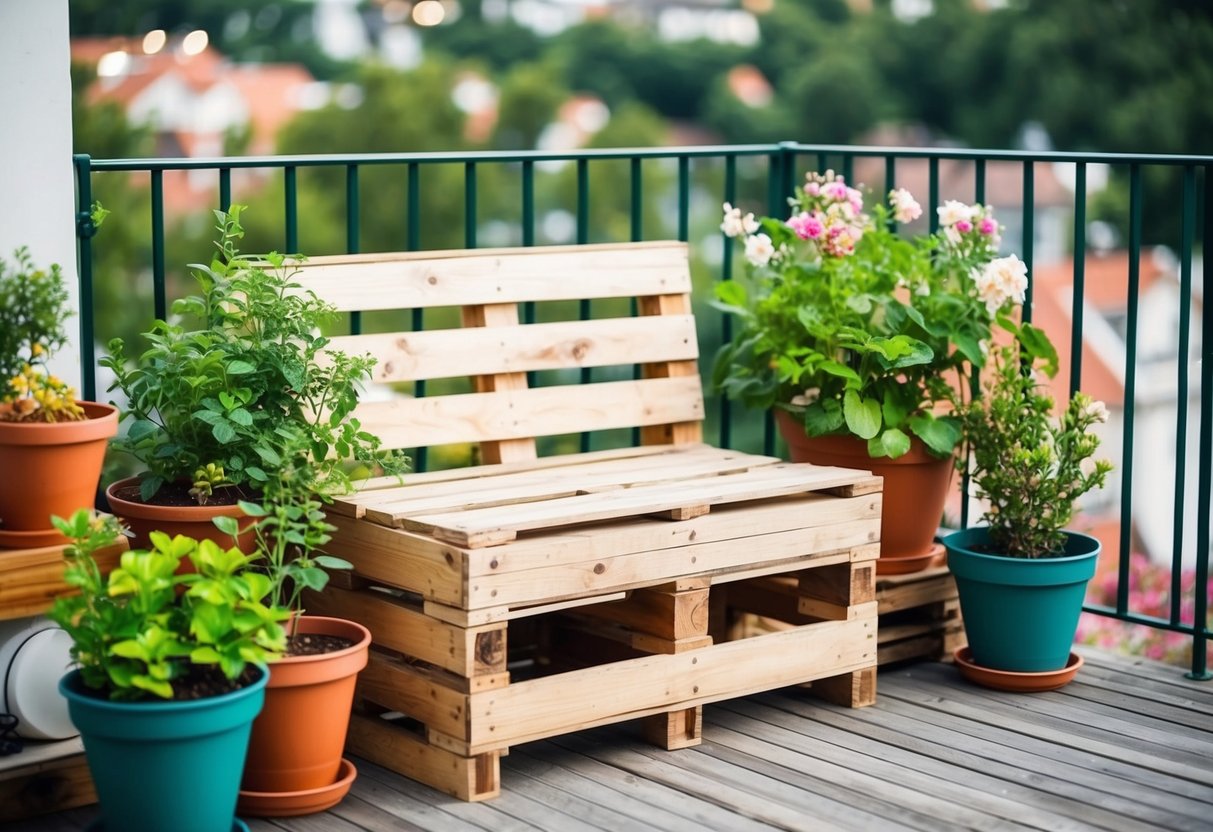 A wooden pallet bench surrounded by potted plants on a balcony garden