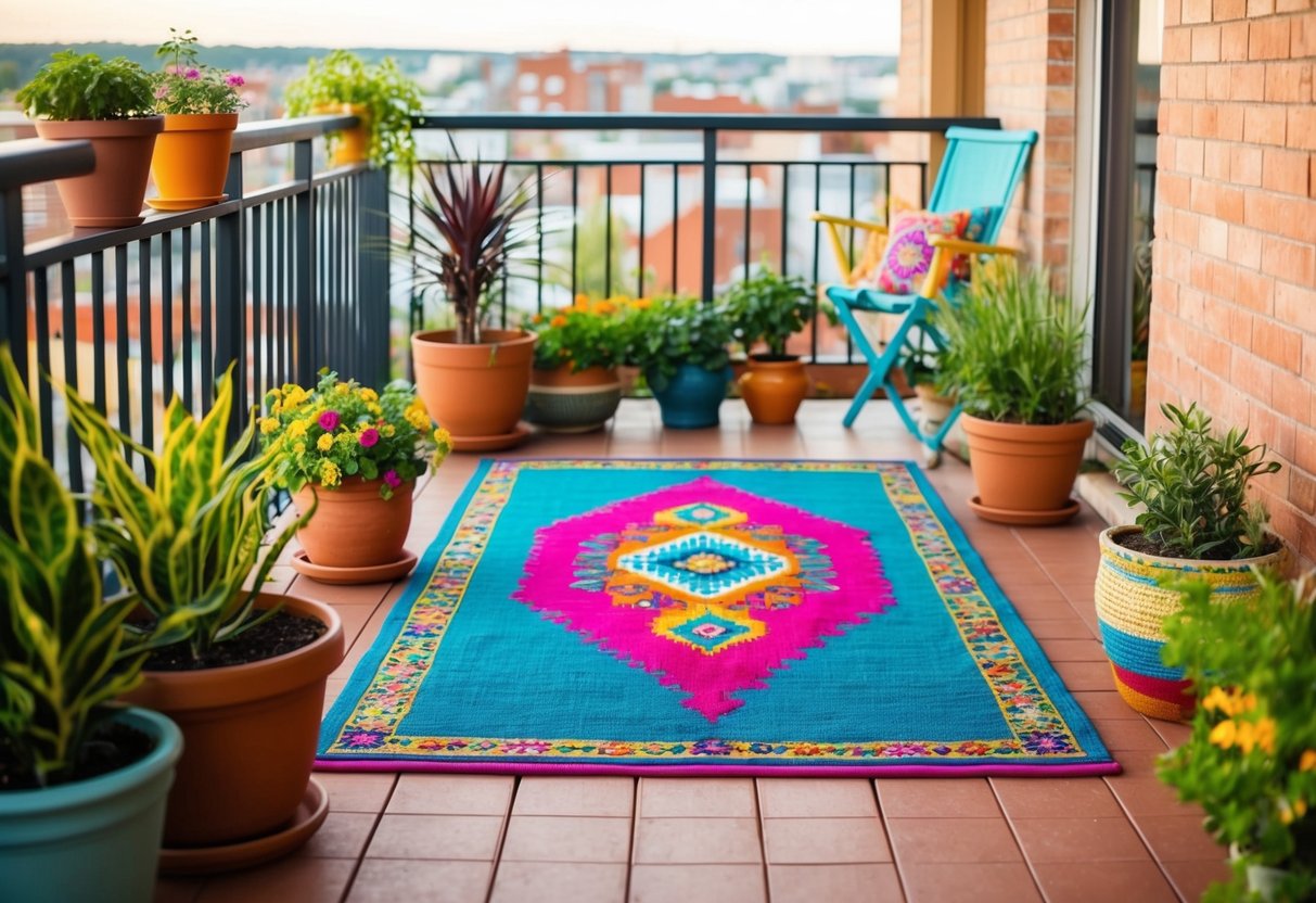 A vibrant outdoor rug lies on a balcony surrounded by potted plants and colorful garden decor