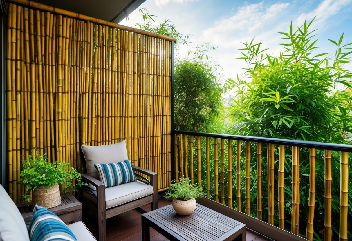 A bamboo privacy screen adds a natural touch to a cozy balcony garden, providing a sense of seclusion and tranquility