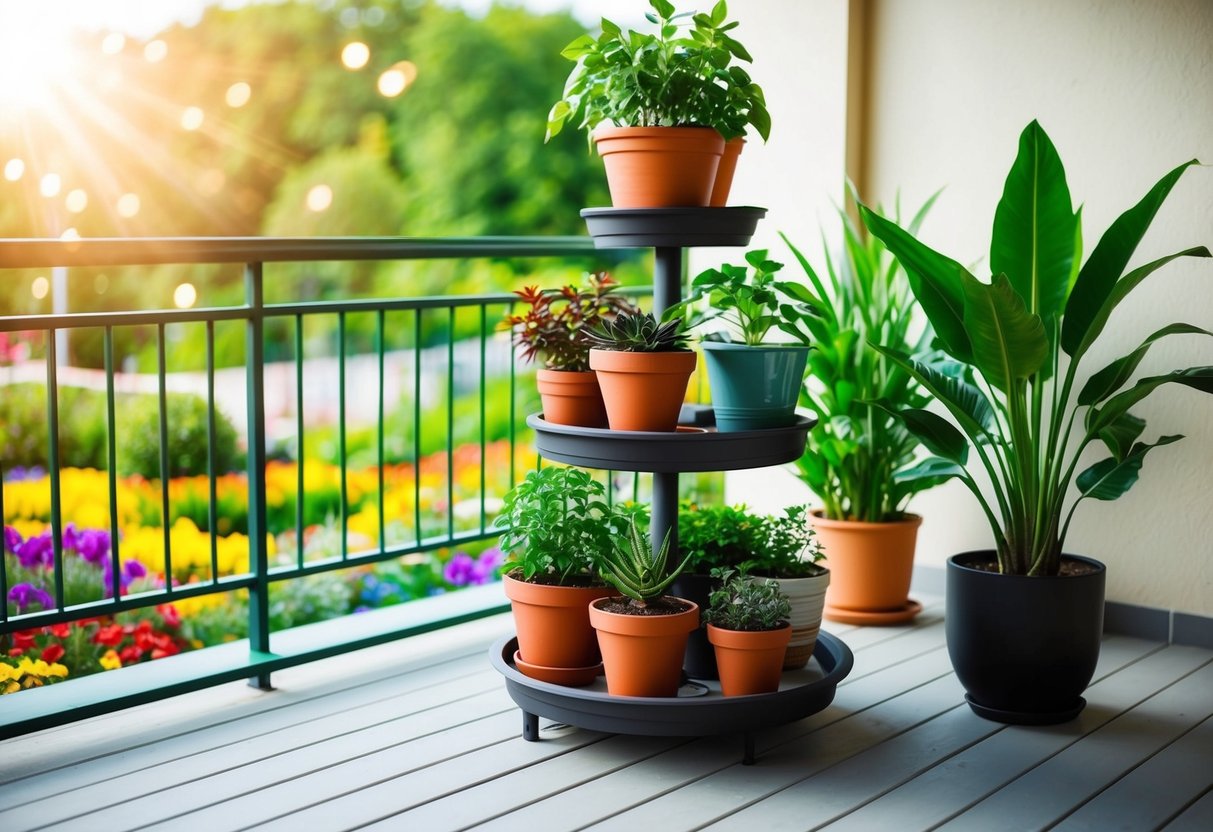 A tiered plant stand holds a variety of potted plants on a sunny balcony overlooking a colorful garden below