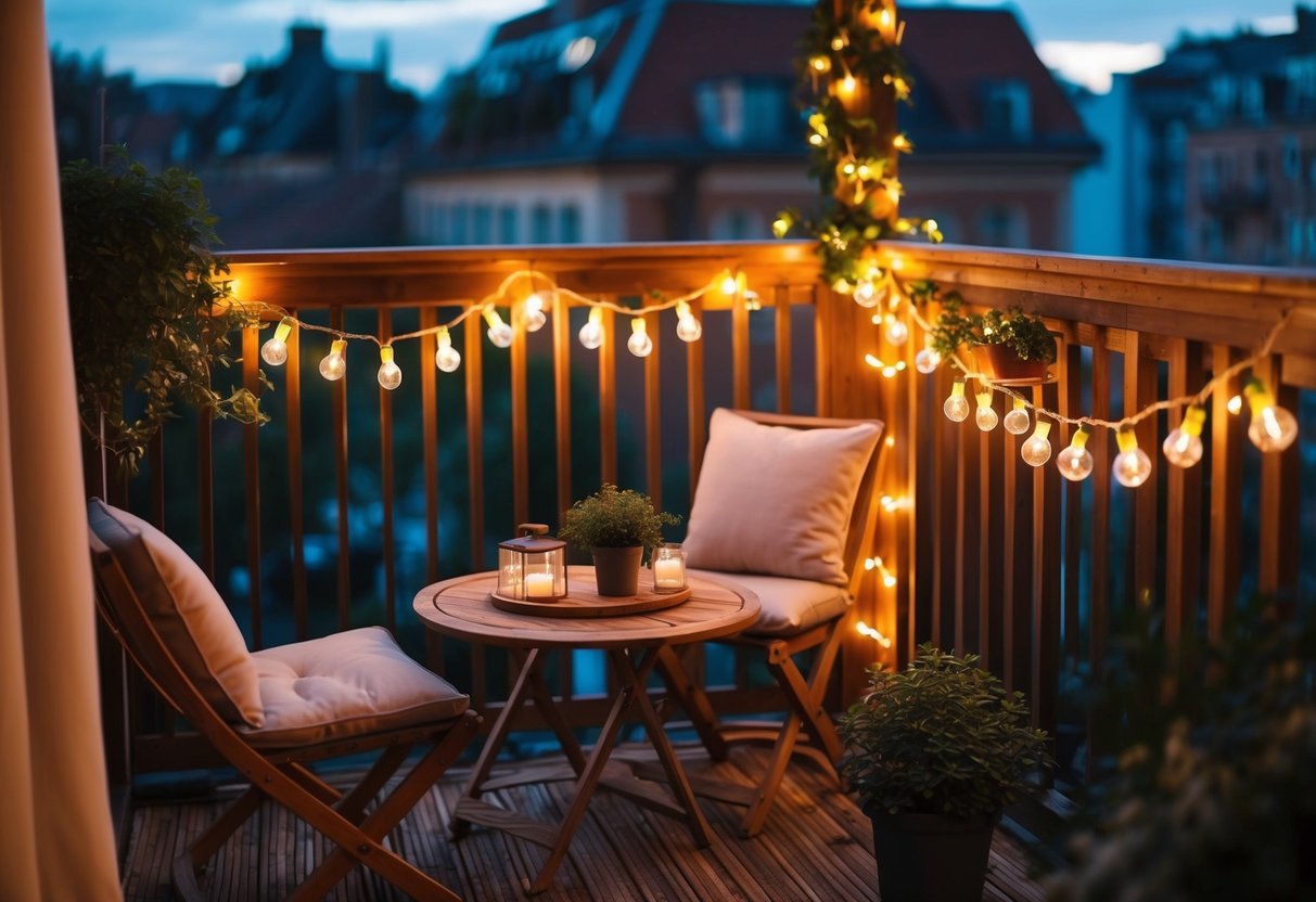 A cozy balcony garden adorned with string lights creating a warm and inviting ambiance