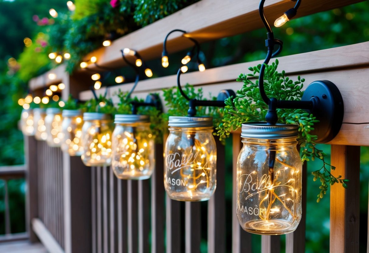 A row of mason jar sconces hang from a wooden balcony railing, filled with twinkling fairy lights and vibrant greenery