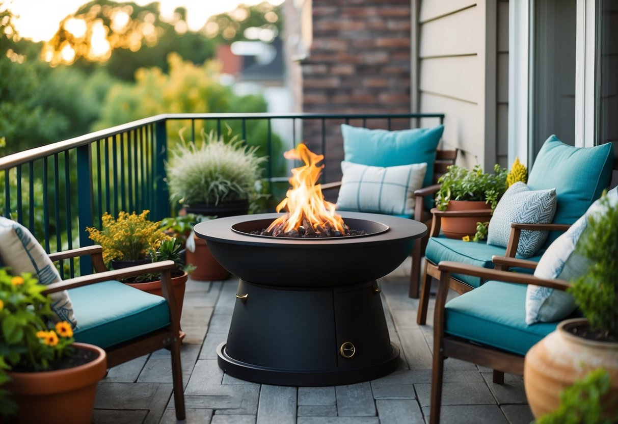 A cozy balcony garden with a portable fire pit as the focal point, surrounded by potted plants and comfortable seating for relaxation and socializing