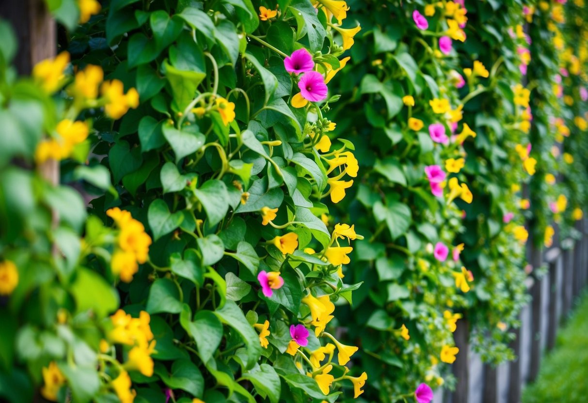 Lush green vines winding up a trellis, colorful flowers cascading down, creating a vibrant and lively display of climbing plants