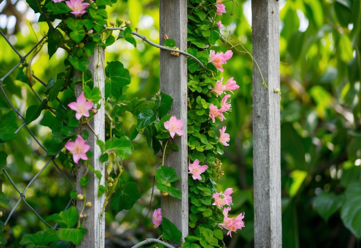 Lush coral vines climb up a weathered trellis, intertwining with vibrant green foliage and delicate pink flowers