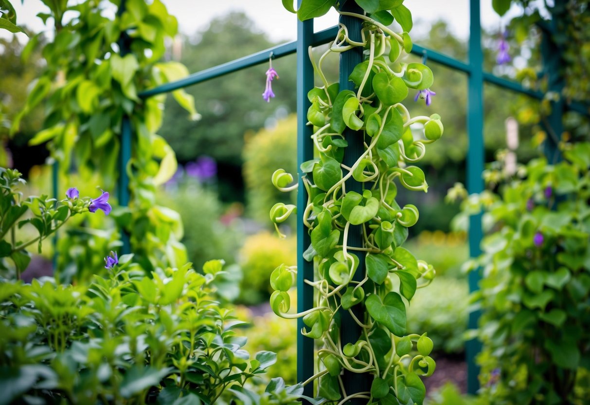 A lush garden with a variety of climbing plants, including Dutchman's Pipe, twisting and weaving their way up trellises and fences