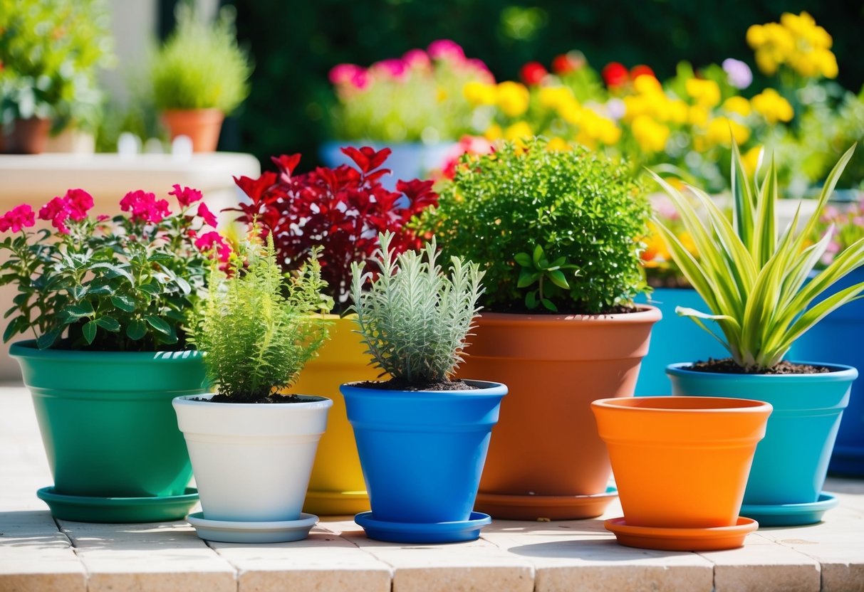 A variety of plants in colorful pots arranged on a sunny patio