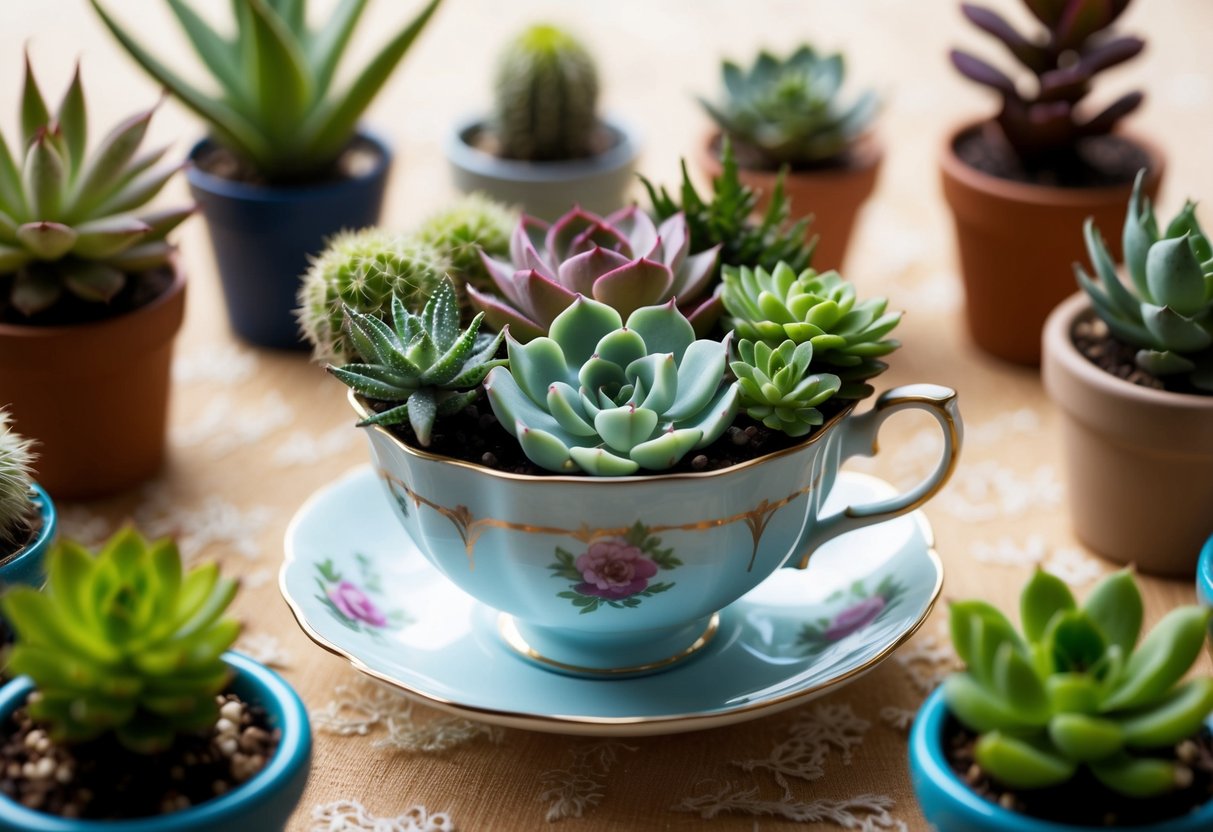 A teacup filled with various succulents arranged in a miniature garden setting, surrounded by other small containers with different types of plants