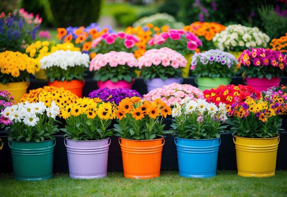 A vibrant display of various flower buckets arranged in a garden, adding a burst of color to the surroundings