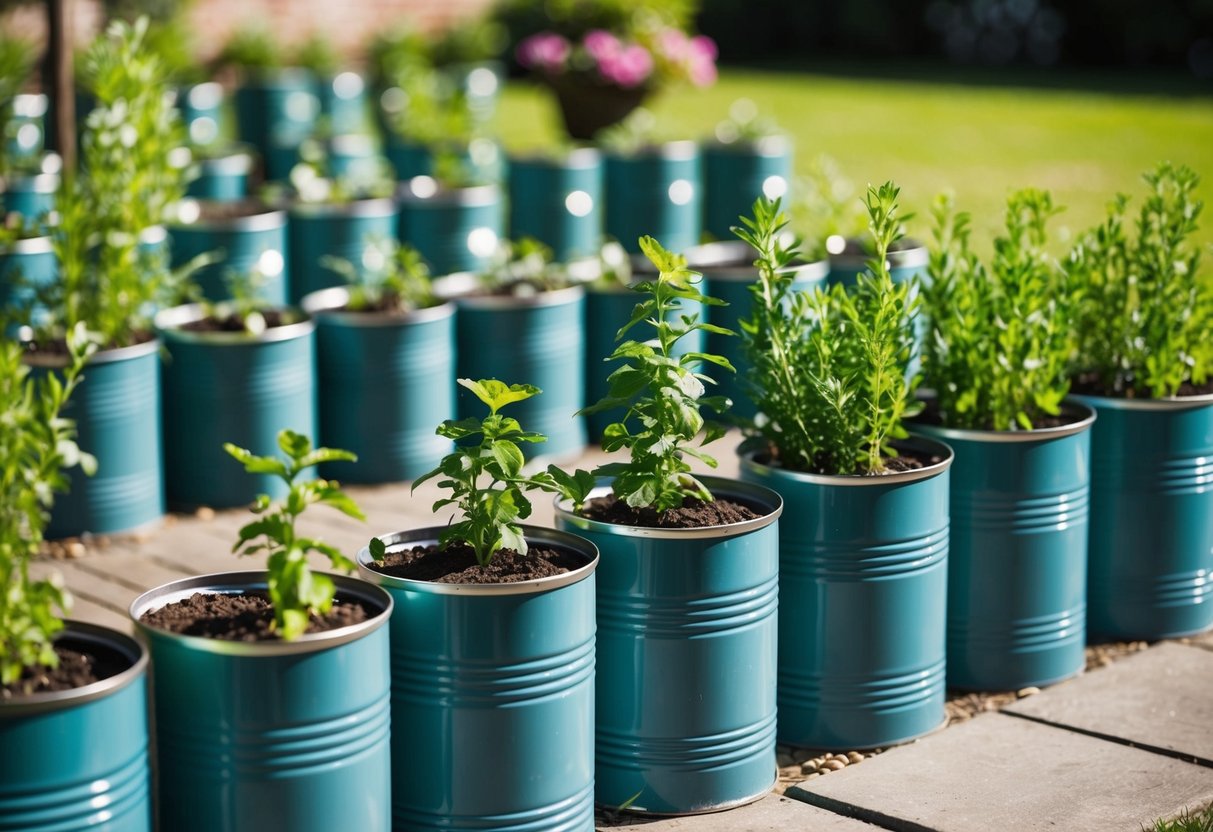 Rows of vintage tin cans filled with plants, arranged in a garden setting