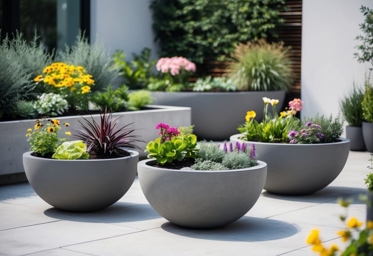 A modern outdoor space with chic concrete bowls filled with various plants and flowers, creating a stylish and minimalist container garden