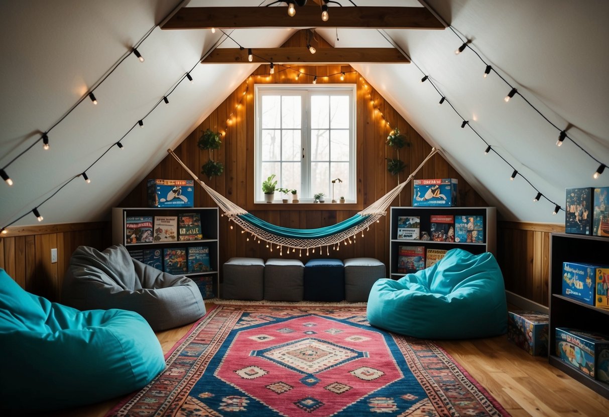 A cozy attic with string lights, bean bags, and shelves of board games. A hammock hangs in the corner, and a colorful rug covers the floor