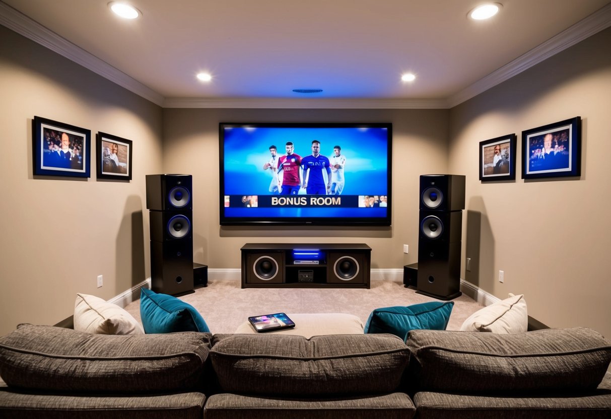 A cozy bonus room with a large screen, surround sound speakers, comfy seating, and soft lighting for a home theater setup