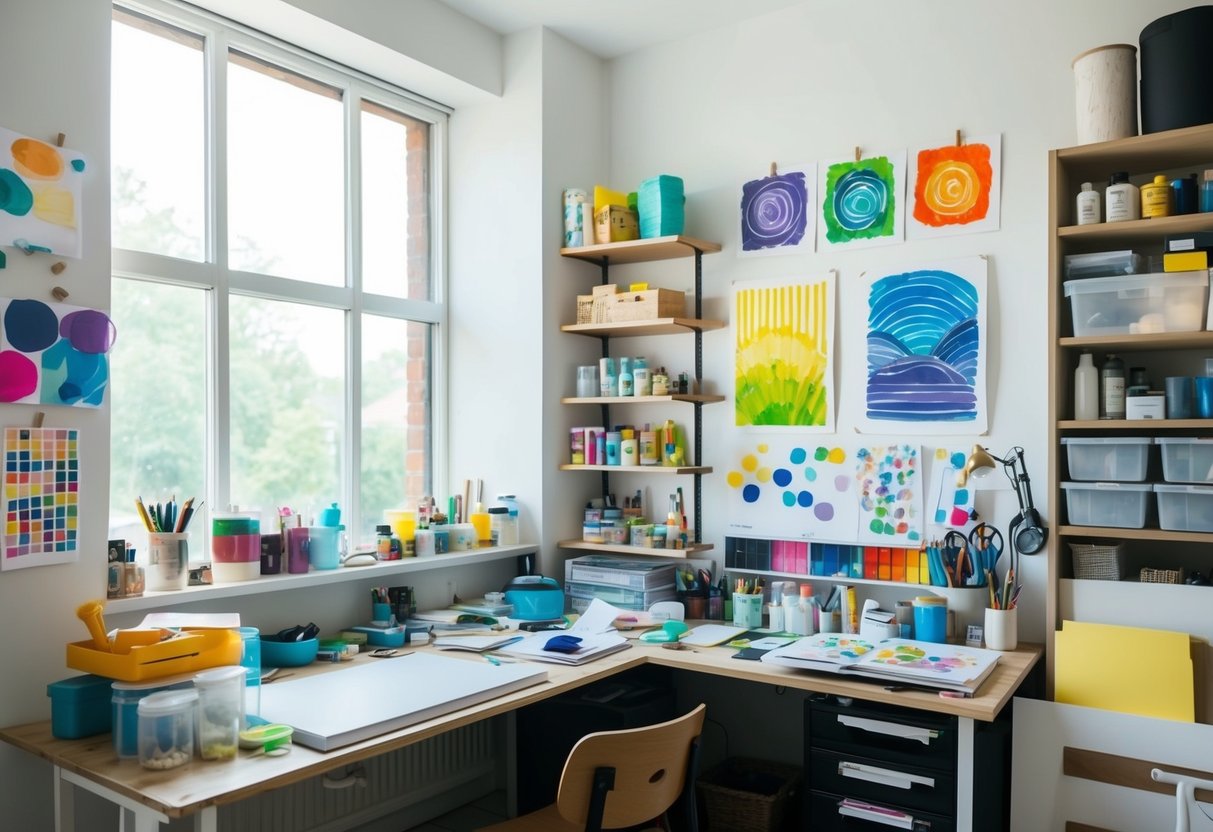 An art studio corner with a cluttered desk, shelves of supplies, and colorful artwork pinned to the walls. A large window lets in natural light