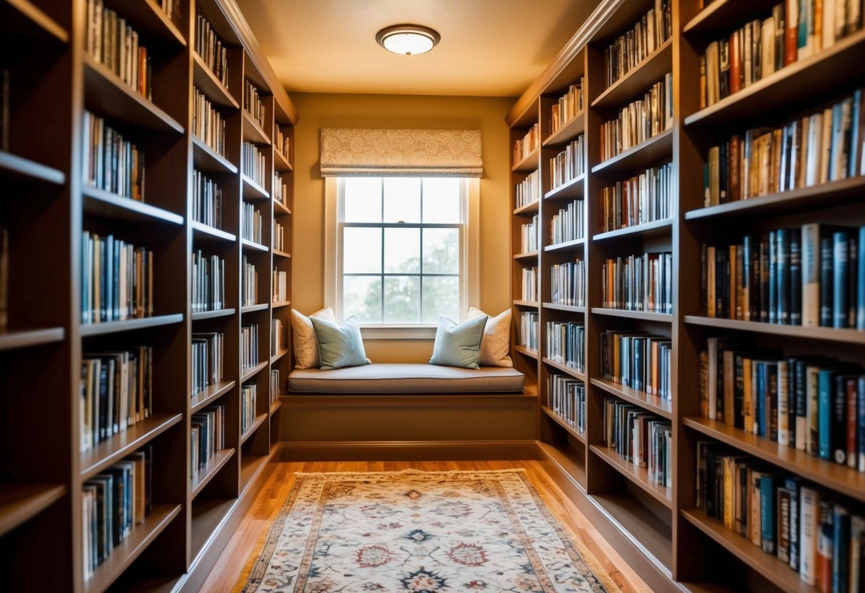 A cozy mini library with shelves filled with books, a comfortable reading nook, soft lighting, and a warm color scheme