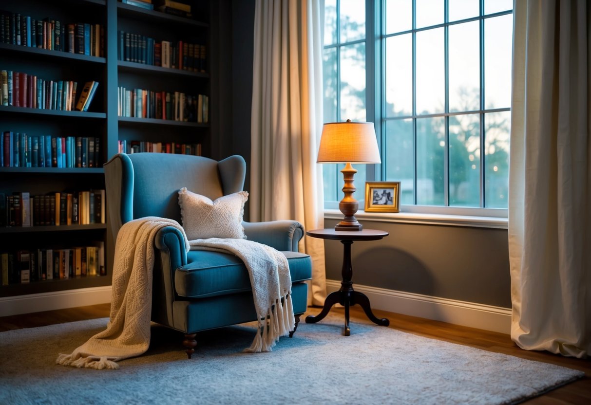 A cozy reading nook with a plush armchair, soft throw blanket, and a small side table with a warm lamp. A bookshelf filled with books and a large window letting in natural light