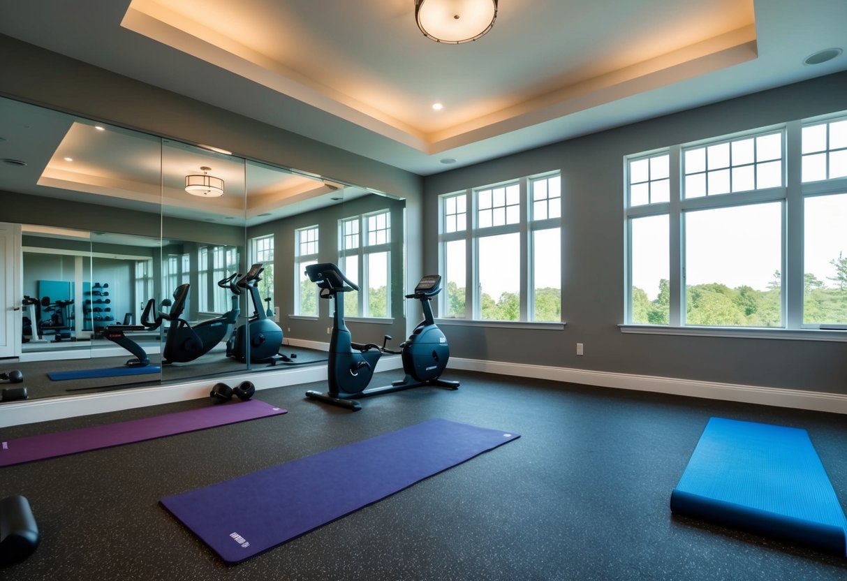 A spacious bonus room with gym equipment, yoga mats, and large windows for natural light