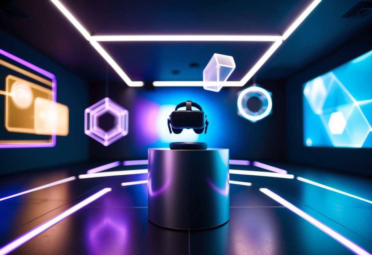 A futuristic room with neon lights, holographic displays, and floating geometric shapes. A virtual reality headset sits on a sleek, metallic pedestal in the center