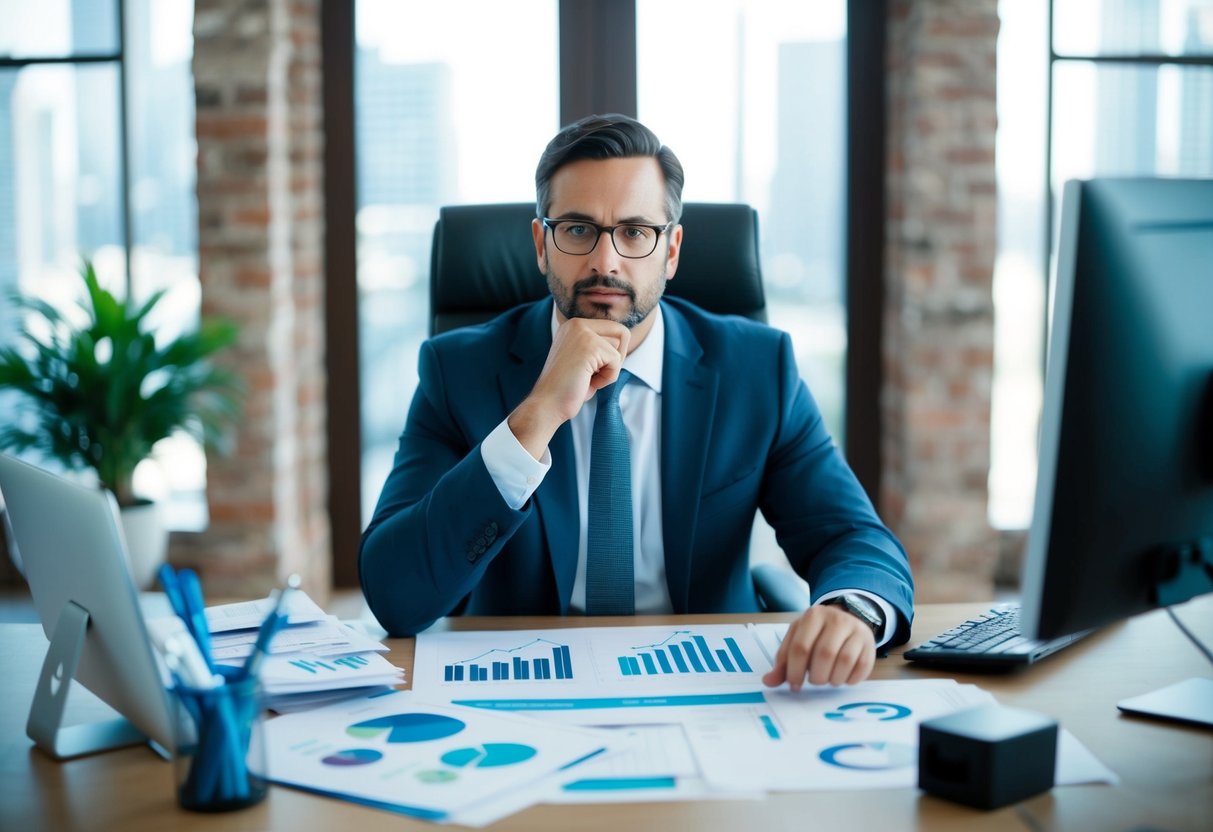 A financial planner sits at a desk, surrounded by charts, graphs, and a computer. They are in deep thought, organizing and strategizing to help their client with their finances